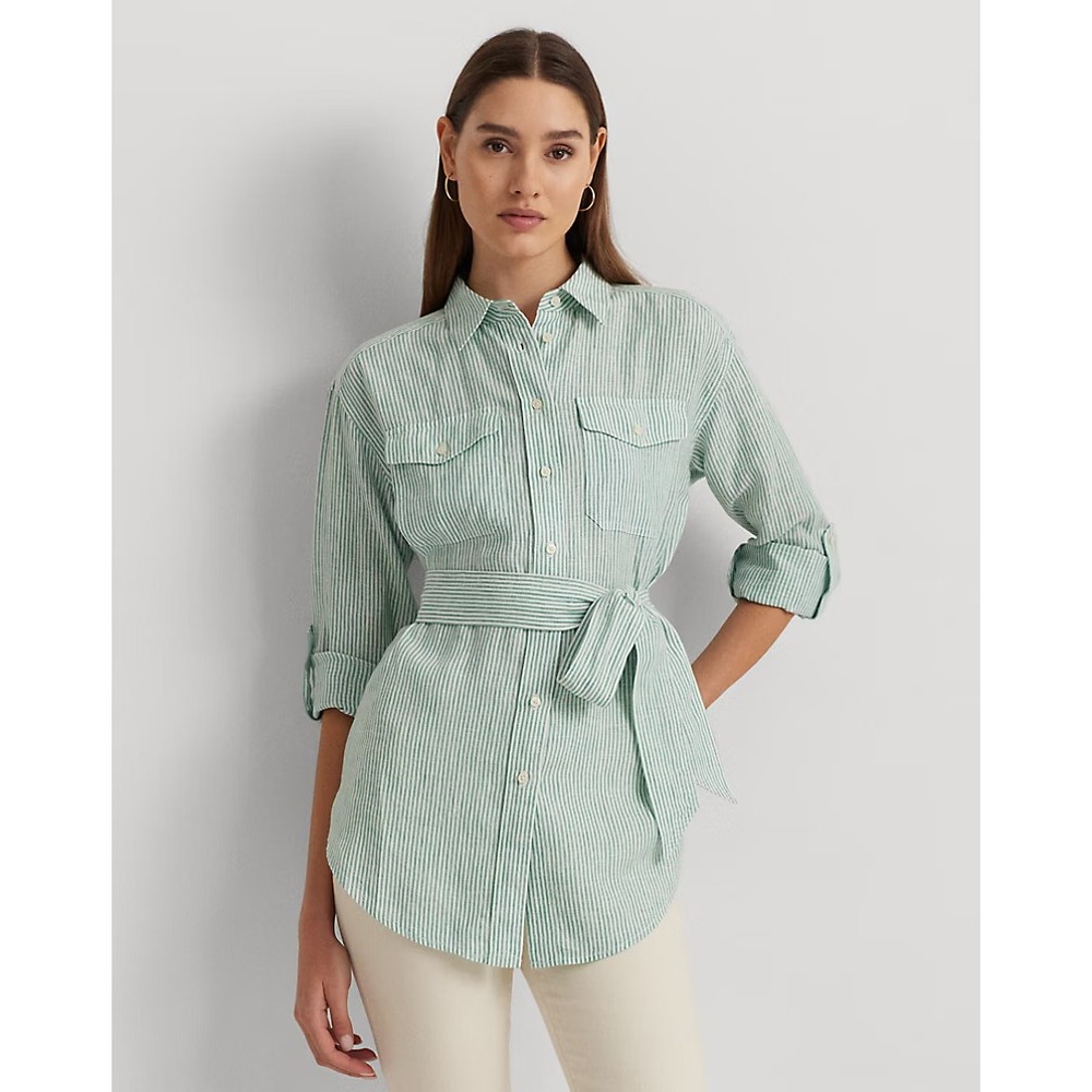 Lauren Ralph Lauren Women's Size 1X Green White Striped Belted Linen Shirt Top - Picture 10 of 10